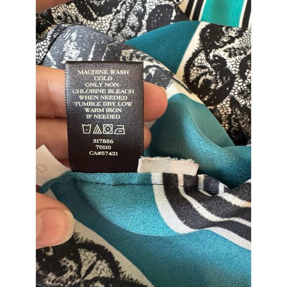 Ann Taylor Petite SP Sleeveless Blouse Teal Black Lace Print Baroque Top Work - Picture 7 of 7